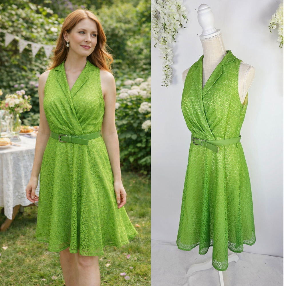 Kasper Fit Flare Dress Size 6 Green Lace Wrap Belted Sleeveless Cottage Garden